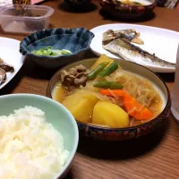 Snapdishの料理写真:実家にて あっさり肉じゃが & 鯵の干物 2018.7.22|キラ姫さん