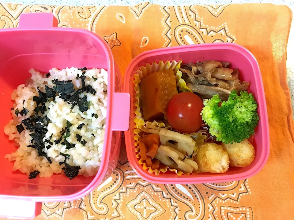 ♫8/2今日のお弁当♫〜焼肉、かぼちゃ煮、レンコンきんぴら、プチハッシュポテト、ブロッコリーマヨ、プチトマト〜|Satokoさん