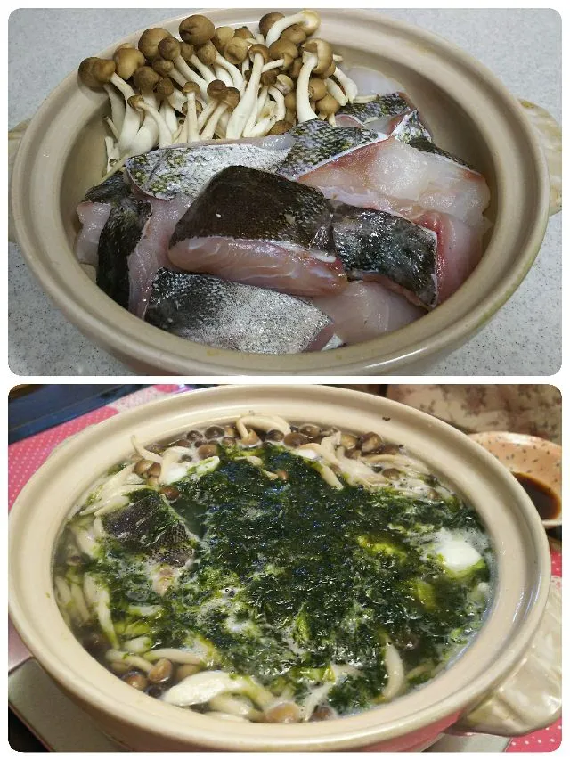 Snapdishの料理写真:暑い日だからこそエアコンをガンガンかけて鍋を食う。
煮えたら灰汁を取り生海苔をどっさり入れて出来上がり。
ポン酢にあご出汁とゆず胡椒を入れて食うのが最高！|kamekameさん