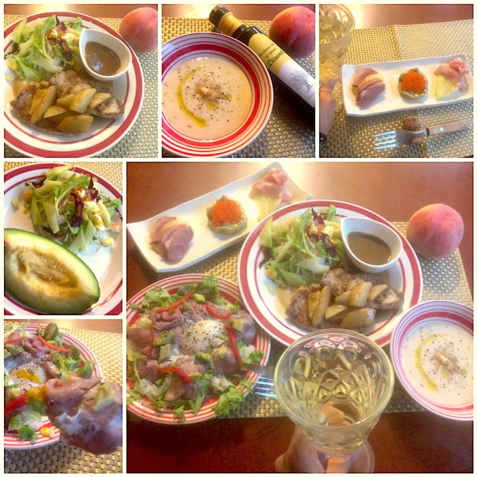 Snapdishの料理写真:Today's Fruits Dinner🍑🍈🥑ﾌﾙｰﾂ前菜･ゆかりさんの白桃の冷たいｽｰﾌﾟ･ﾎﾟｰｸｽﾃｰｷﾋﾟｰﾁｿｰｽ とﾒﾛﾝと野菜のｻﾗﾀﾞ･ｱﾎﾞｶﾄﾞ&ﾛｰｽﾄﾋﾞｰﾌ丼|🌈Ami🍻さん