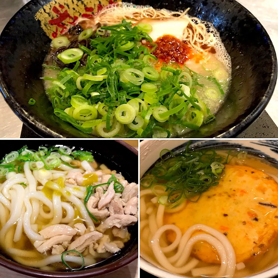 Snapdishの料理写真:お写真整理中🍜先日の福岡特攻時に頂いた麺類の数々。丸天うどん、かしわうどん、とんこつラーメンどす😄日本でのうどんの発祥は福岡だそうで、麺のコシやダシの味は大阪うどんと通づるものがありますわ。久留米とんこつラーメンは、博多のものより私は好みで御座いますわ😋|にゃあ（芸名）さん