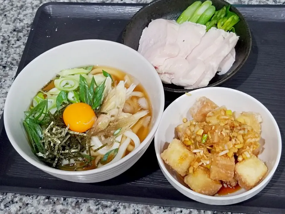 Snapdishの料理写真:・ころうどん
・絹揚げの油淋鶏風
・塩鶏ハム|あぁちゃんさん