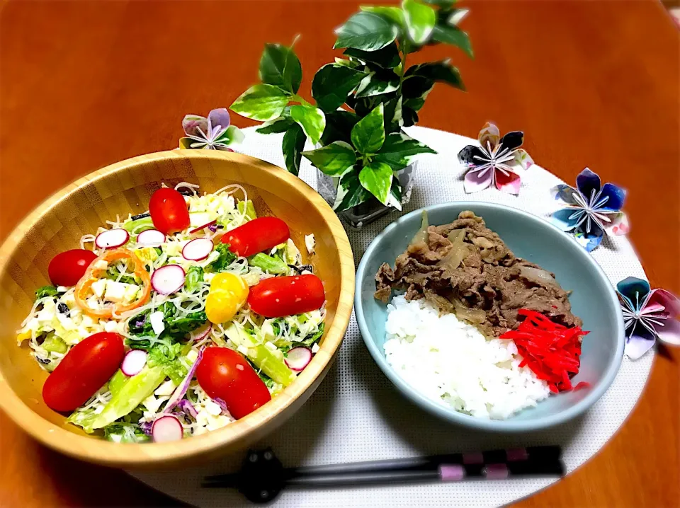 牛丼と春雨のサラダ🥗(^_^*)|バシュランさん