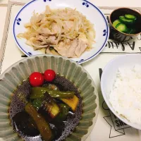 Snapdishの料理写真:茄子とピーマンとトマトの揚げ浸し、豚肉もやし炒め、きゅうりの浅漬け|Maiさん