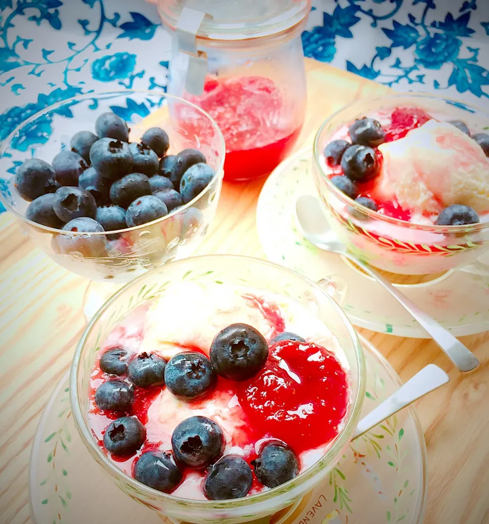 Snapdishの料理写真:#冷たいおやつ #バニラアイスとプレーンヨーグルト  #庭で採れたシリーズ  #blueberry  #採りたて新鮮  #ブルーベリー #いちごソース #自家製|Blueberry🫐さん