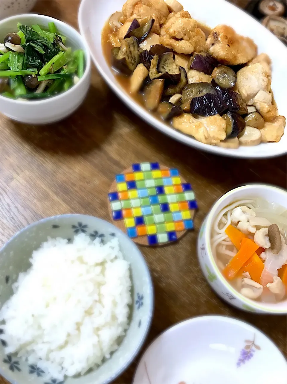 鶏と茄子の南蛮煮・小松菜としめじのナムル・うどん入り中華スープ|ちびろ菌さん