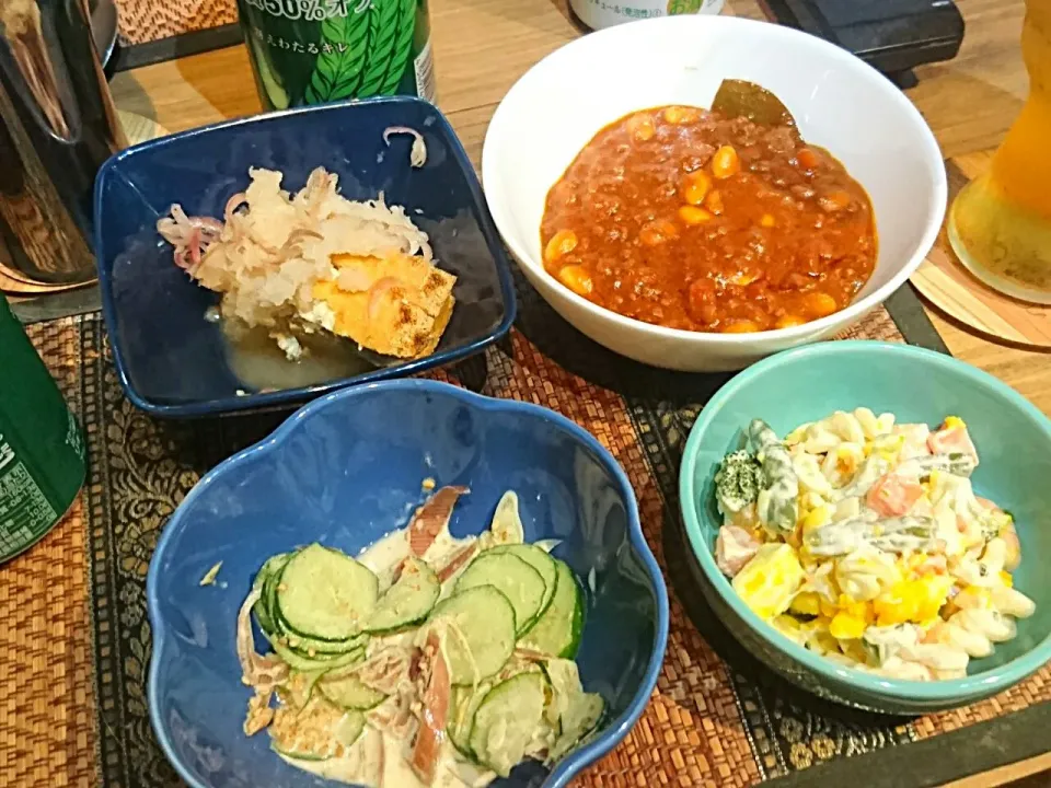 Snapdishの料理写真:厚揚げ&豆カレー&きゅうりのごま和え&ブロッコリーサラダ|まぐろさん