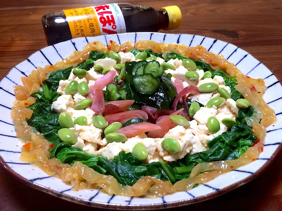 水切り崩し豆腐の味ぽんサラダ🥗 ツルムラサキと中華クラゲ🍀🎐|ぱぴこ家さん