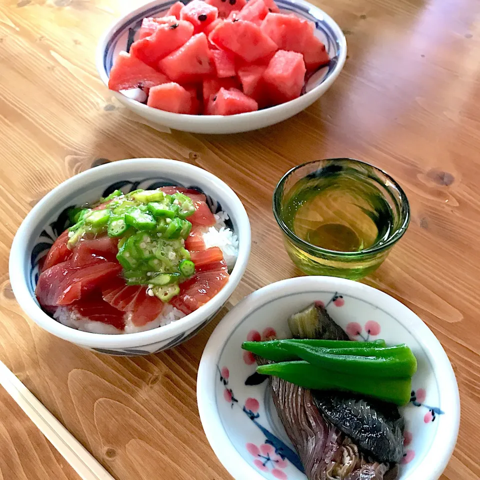 とろマグロのねばねば丼（とろマグロ・大和芋・刻みオクラ）  ＆  ナスの煮びたし（オクラ）＆  西瓜|ｌａｖｅｎｄｅｒｆ❜mさん