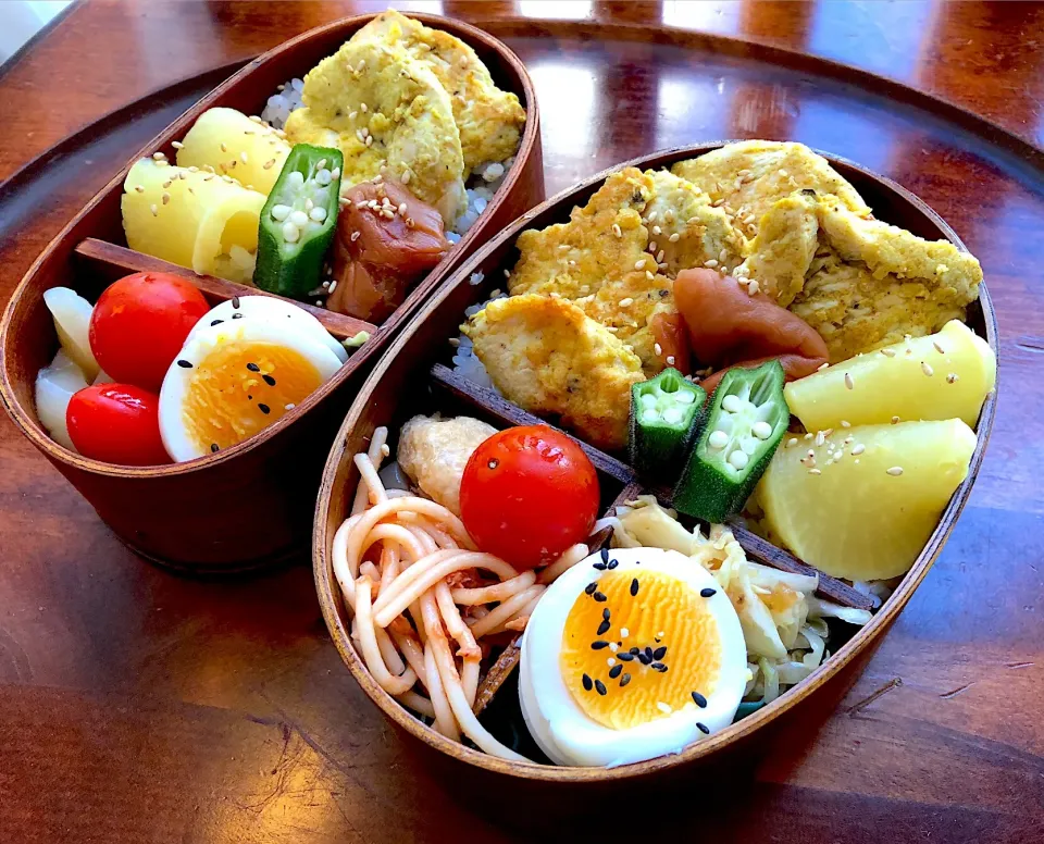 Snapdishの料理写真:本日もお弁当🍱チキンピカタ🥩パスタ🍝シーチキンケチャップ和え（セゾンファクトリーのトマトケチャップ使用）煮物🥘ゆで卵🥚 #息子弁当  #わっぱ弁当  #チキン  #パスタ  #煮物  #ゆで卵  #トマト🍅  #セゾンファクトリー #札幌 #中島公園|Yukie  Toriseさん