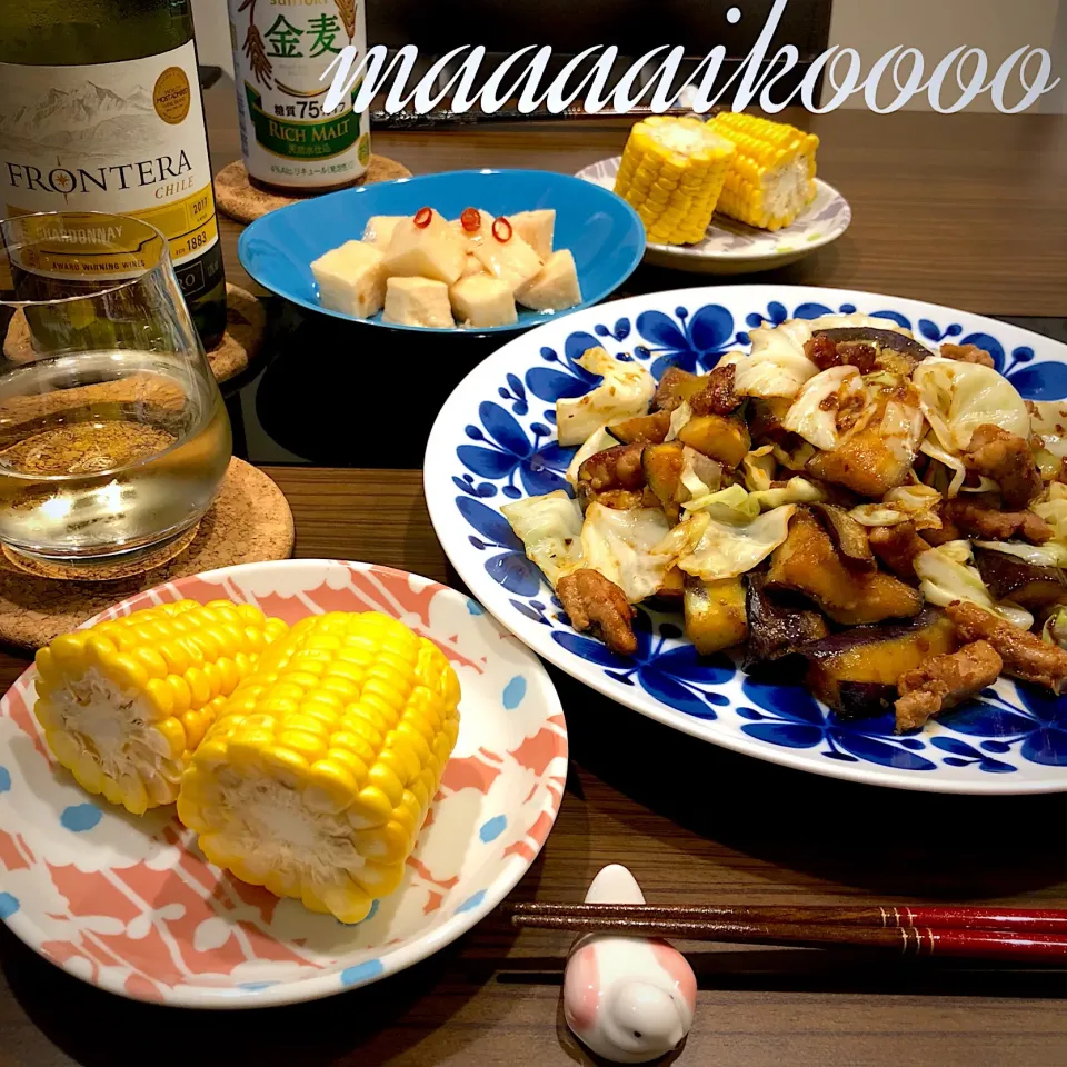 Snapdishの料理写真:豚トロ野菜のにんにく味噌炒め⭐️長芋の梅こんぶ茶漬け⭐️スイートコーン|マイコさん