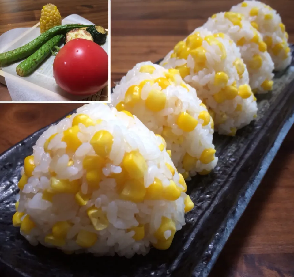 阿蘇トウモロコシ炊きのおにぎり🌽🍙 揚げ野菜と丸ごとトマトセット🌱🍅  #ぱぴこ家fromかぴかぴさん|ぱぴこ家さん