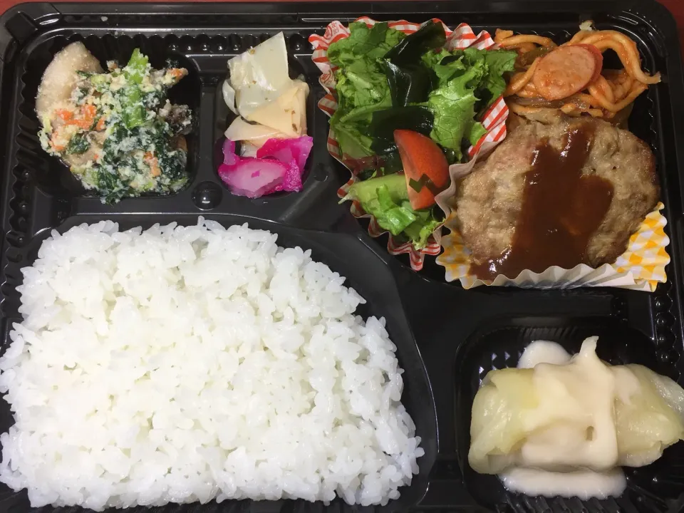 Snapdishの料理写真:手作りハンバーグデミグラスソース 日替わり宅配弁当 豊川市豊橋市一部エリア配達|Naokazu Kuritaさん