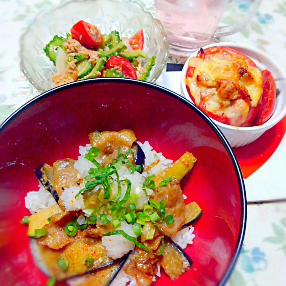 茄子とズッキーニと豚バラのおろし丼＆トマトツナメルトトマト＆ゴーヤとトマトの彩りサラダ|うたかた。さん