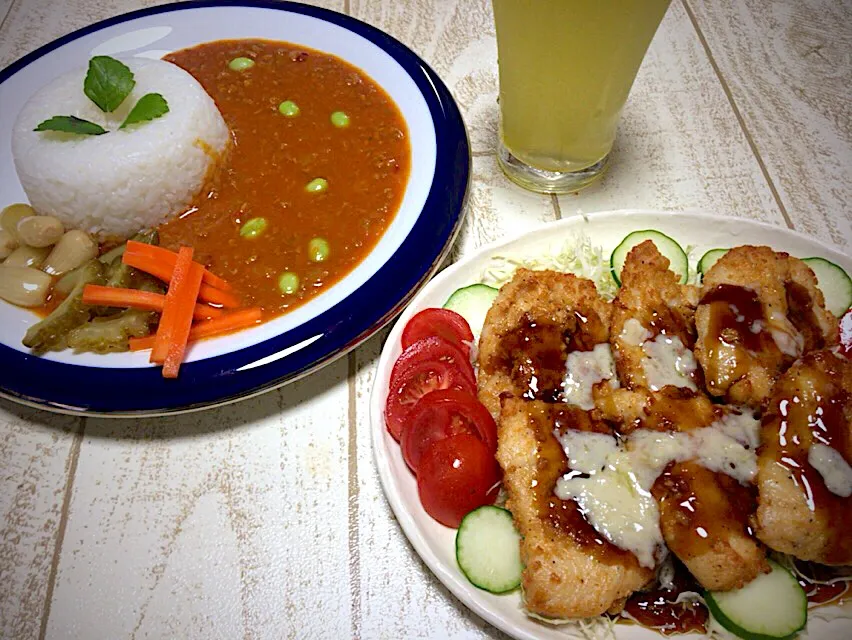 今日の男飯(｡-_-｡)花火大会前バージョン！
＊鳥ささみ南蛮
＊旨辛キーマカレー|ひーちゃんさん