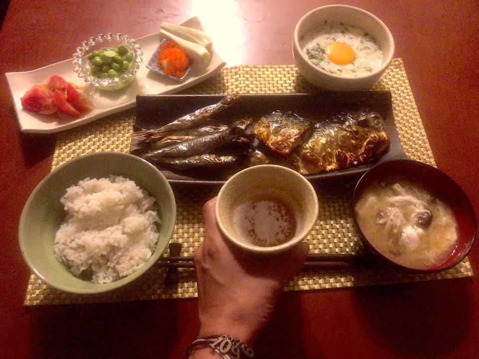 Today‘s Dinner🍴前菜･焼きししゃも&塩鯖･青海苔大和芋&卵黄･もち麦飯･卵白としめじのお味噌|🌈Ami🍻さん