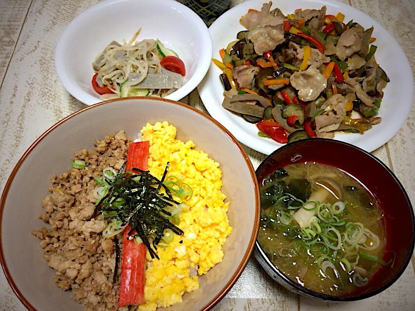 今日の男飯(｡-_-｡)テニス前バージョン！
鳥そぼろ丼&もやしの中華風サラダ&カラフル夏野菜炒め&味噌汁🎶|ひーちゃんさん