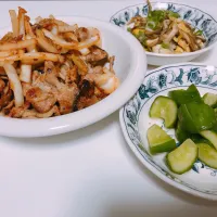 Snapdishの料理写真:しょうが焼き、きゅうりのわさび漬け、舞茸と卵炒め|kiyamakamoさん