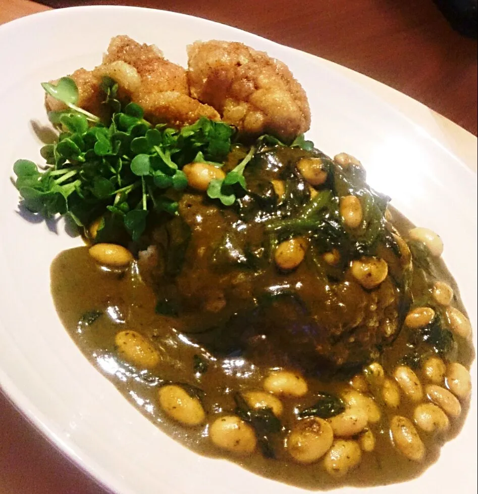 Snapdishの料理写真:もち麦ご飯deカレーチキン竜田添え＊お豆とほうれん草のカレー＊*|mi_neneco♪さん