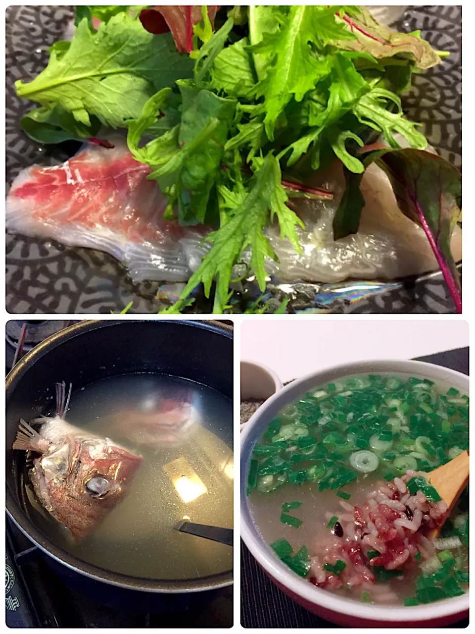 Snapdishの料理写真:神奈川県産真鯛一匹で🐟カルパッチョと潮汁の雑炊|remさん