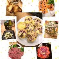 Snapdishの料理写真:#ワイン会#手作りおつまみ #トマトと玉ねぎのサラダ #鶏ハムのサラダ#ローストビーフ#紫キャベツのキッシュ#スモークサーモンキャビア風のせ#オリーブとチーズ#マッシュルームのアヒージョ|ちとせ みみさん