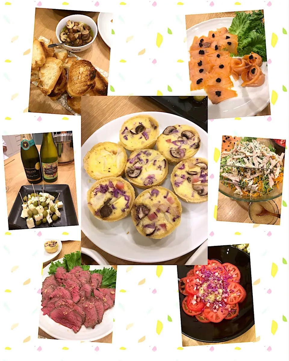 #ワイン会#手作りおつまみ #トマトと玉ねぎのサラダ #鶏ハムのサラダ#ローストビーフ#紫キャベツのキッシュ#スモークサーモンキャビア風のせ#オリーブとチーズ#マッシュルームのアヒージョ|ちとせ みみさん