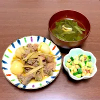 牛ごぼう煮・しめじと小松菜の生姜山椒スープ・豆キュウリサラダ|なつみさん