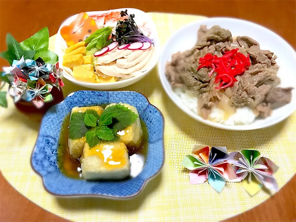 牛丼&揚げ出し豆腐&サラダ🥗|バシュランさん