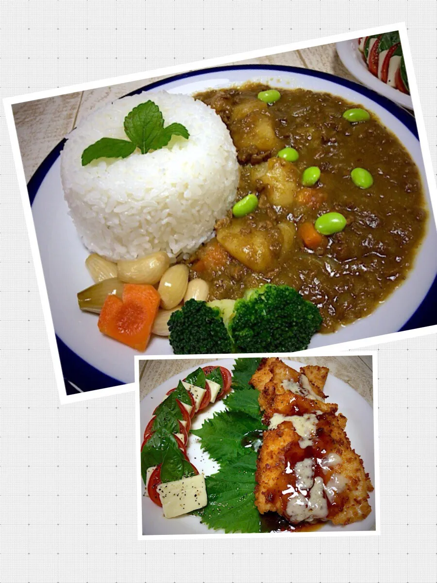 夏だ！カレー食べよう🍛🎶今日の男飯(｡-_-｡)鳥ささみ南蛮&トマトのカプレーゼ&ラブリーらっきょ付きスパイシーカレー🎶|ひーちゃんさん