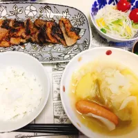 Snapdishの料理写真:豚肉の味噌焼、ポトフ、きゅうりの浅漬け、サラダ|Maiさん