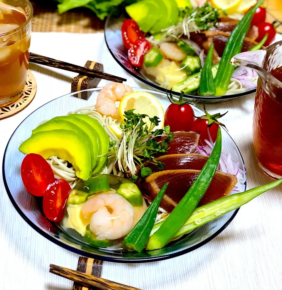 カツオサラダ蕎麦🐟🥗昆布つゆ白だしゼリー添え|シフォンさん