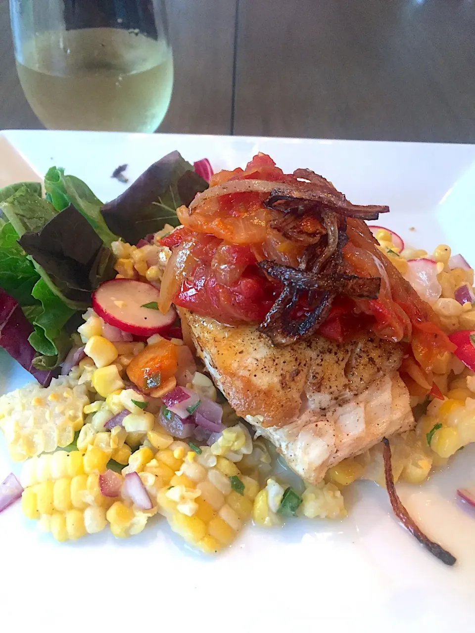 Halibut with Summer Corn Salad and Onion-Tomato Jam|K Goodnessさん