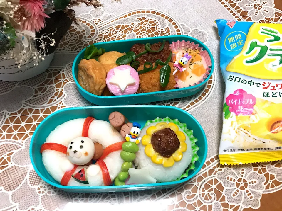 娘の登校日の夏のお弁当🌻   #娘のお弁当   #中学女子弁当  #きゃら弁 #デコ弁 #夏のお弁当|makoさん