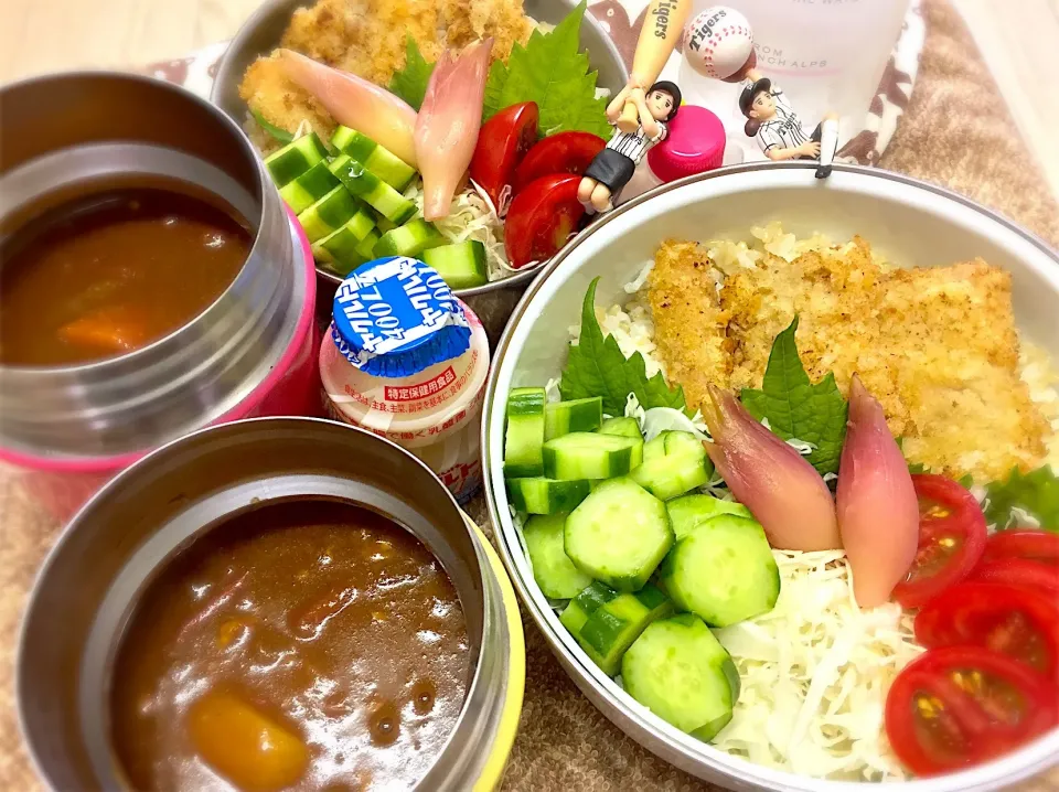 完熟トマト🍅カツカレー(ポーク🐽・ウインナー)&みょうが甘酢漬け&グリーンサラダ🥗の夫婦お弁当♪

 #フチ子  #弁当  #頑張れ金足農業！ #初決勝❣️#103年ぶり！#願掛け弁当🍱|桃実さん