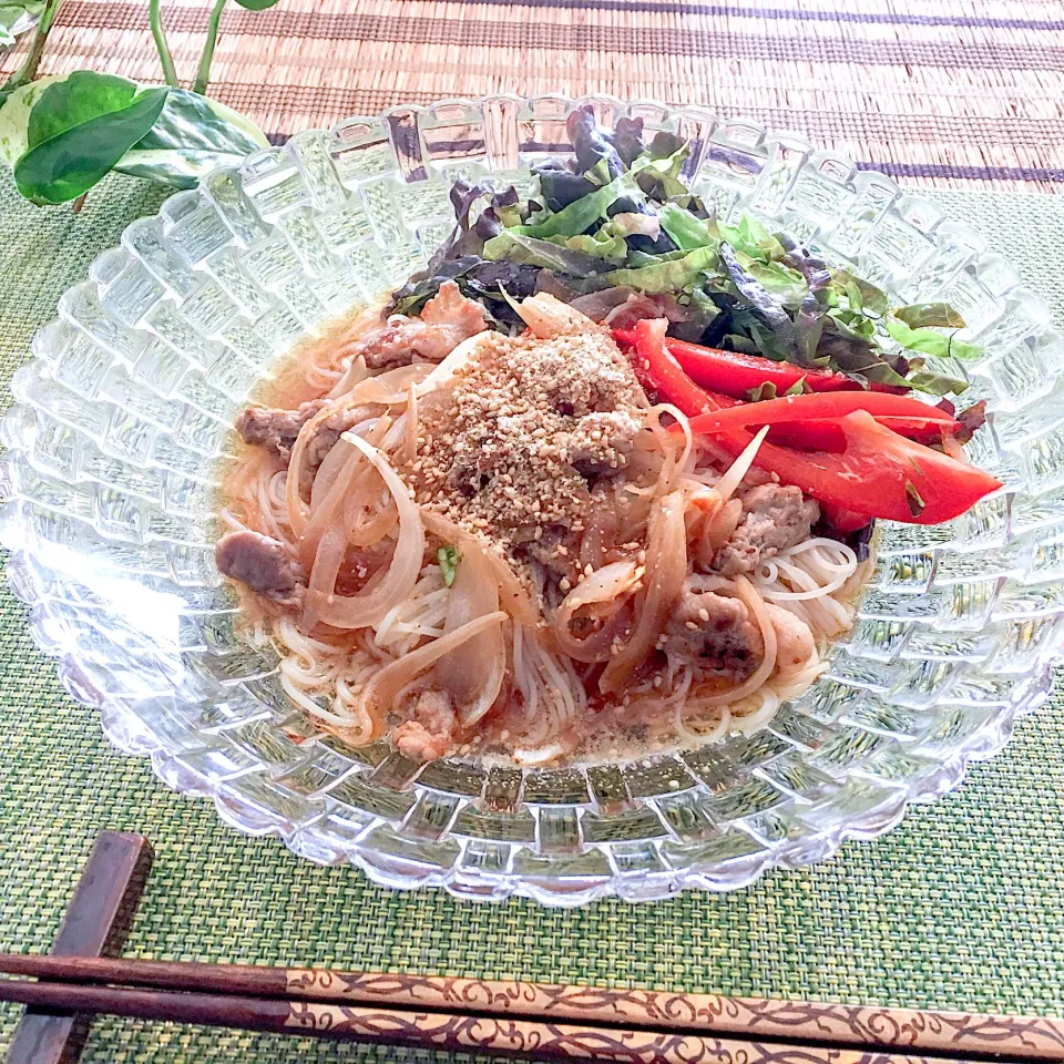 Snapdishの料理写真:豚肉と玉ねぎのぶっかけサラダそうめん♡|Mayさん