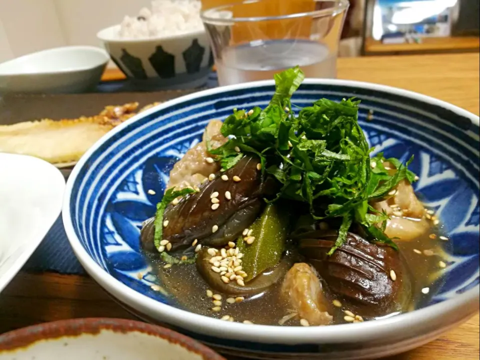 Snapdishの料理写真:今日の晩御飯 #茄子とおくらの煮浸し|こあささん