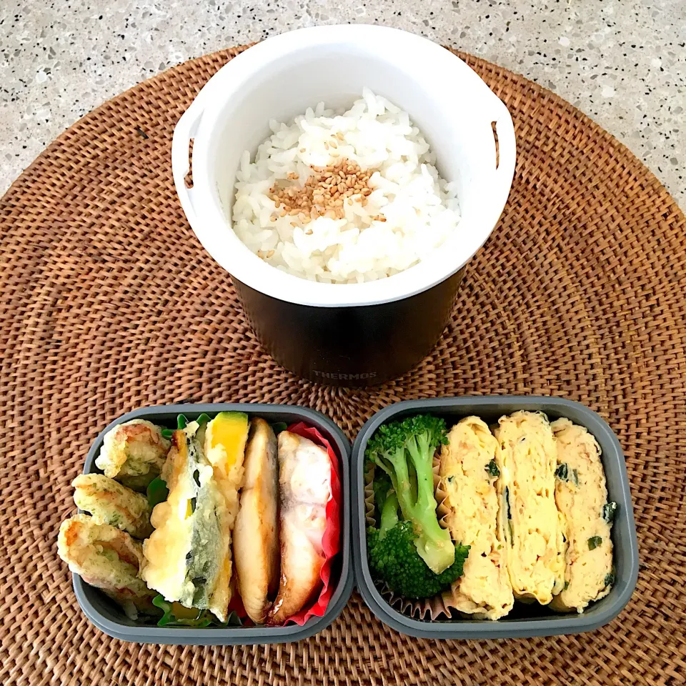 ちくわ磯辺揚げ、かぼちゃ天ぷら、焼き鯖、ブロッコリー胡麻和え、ワカメ入り卵焼き|しーさん