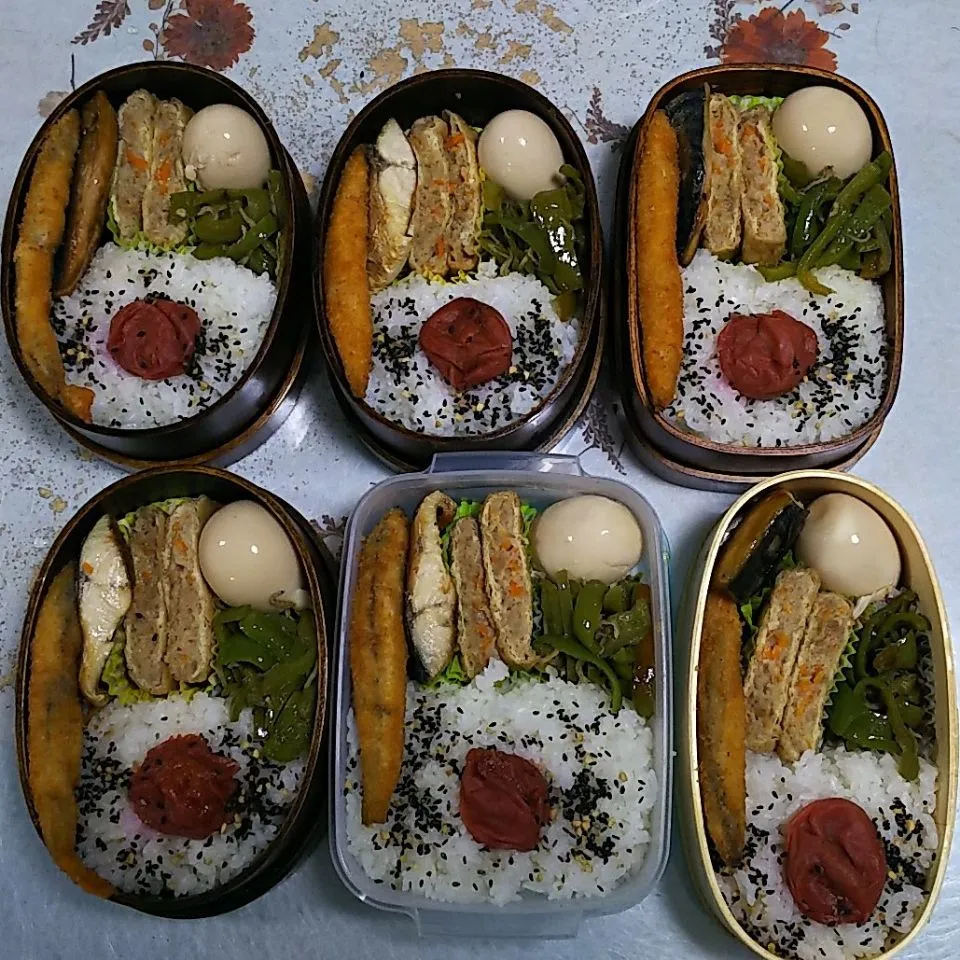 Snapdishの料理写真:今日のお弁当

肉詰稲荷煮
鯖の文化干し焼き
ししゃものフライ
半熟煮玉子
ピーマンとじゃこのゴマ油炒め|ボスママさん