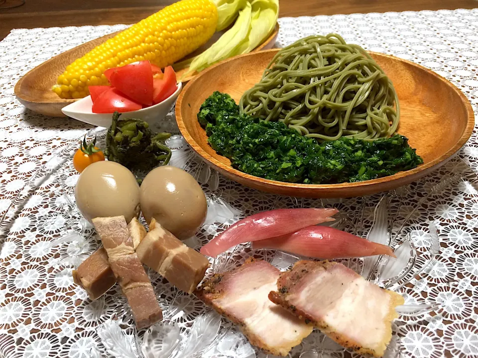 ある日の余り物ご飯🍖🌱 茶蕎麦モロヘイヤ🍵|ぱぴこ家さん