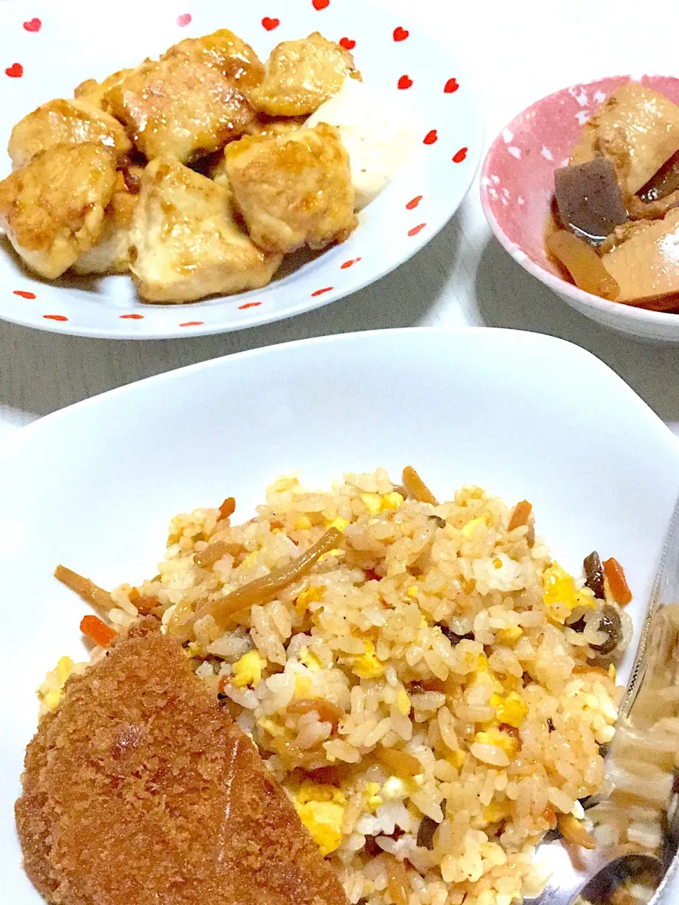 チキン南蛮、ビビンバチャーハン、たけのことふきの土佐煮|Ayaさん