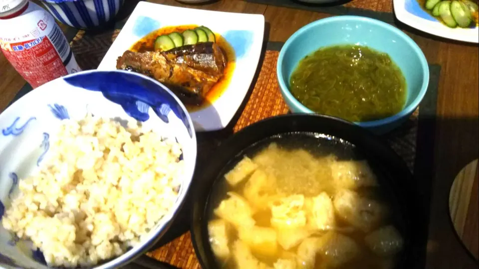 秋刀魚の蒲焼き＆めかぶ＆もやしの味噌汁|まぐろさん