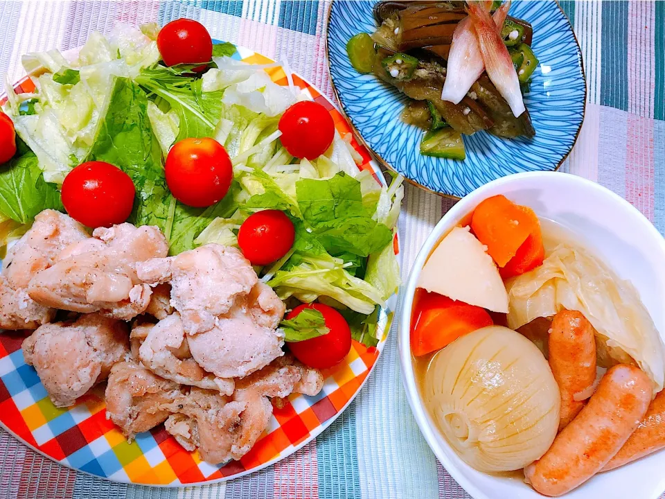 🍀冷製ポトフ
🍀鶏トロテバ塩焼き
🍀茄子🍆とオクラの生姜漬け
     ＆ 茗荷の酢漬け添え|🍀ミィーナ🍀さん