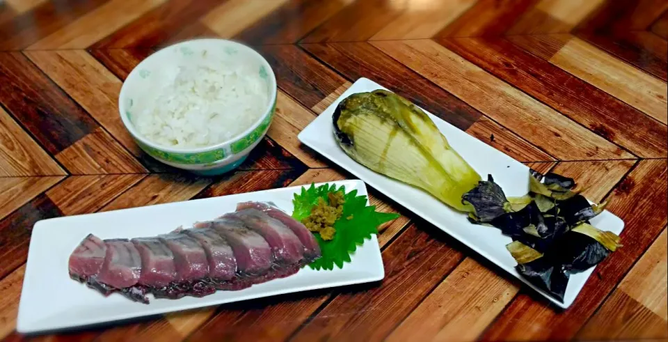 鰹の刺身と焼き茄子で|時雨さん