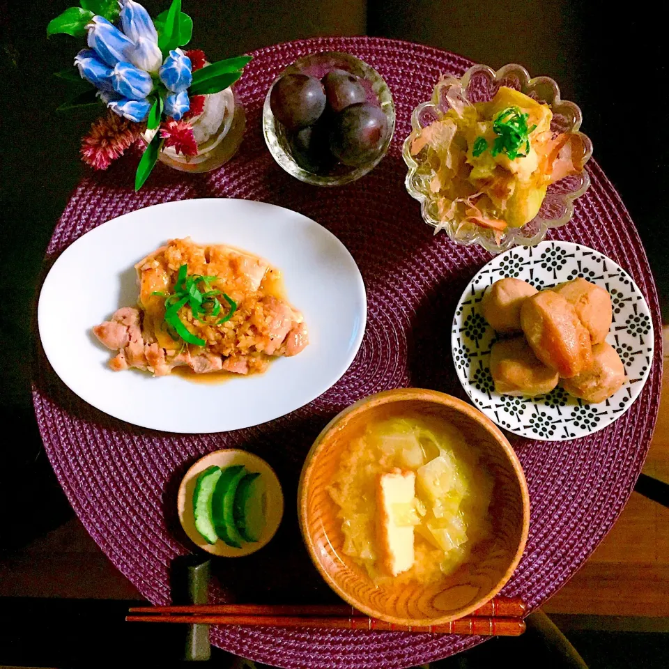 ✤和風チキンステーキ
✤焼き茄子
✤里芋の煮っころがし
✤キャベツと厚揚げの味噌汁|はらしおりさん