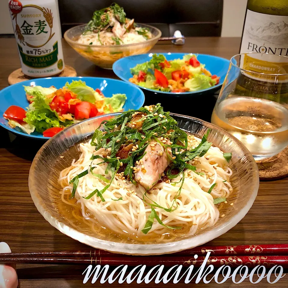 塩さば梅こんぶ茶そうめん✴︎野菜サラダ|マイコさん