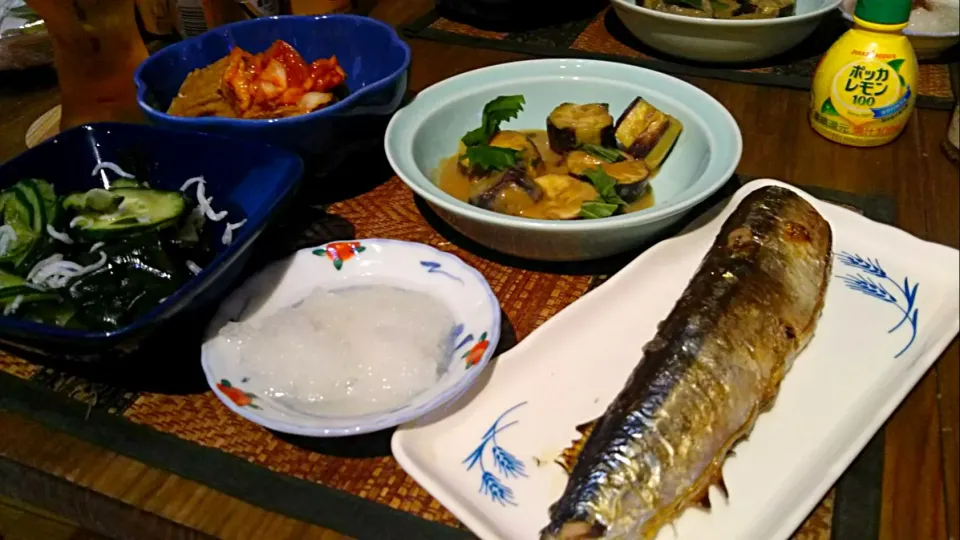 秋刀魚の塩焼き＆茄子味噌＆酢の物＆厚揚げ|まぐろさん