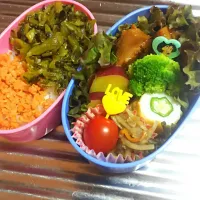 Snapdishの料理写真:チキンの照焼き
トマト
おくら竹輪
さつま芋の甘煮
ブロッコリー
きんぴらごぼう
高菜と鮭のご飯
 #お弁当 
 #女の子
 #中学生|やすこさん