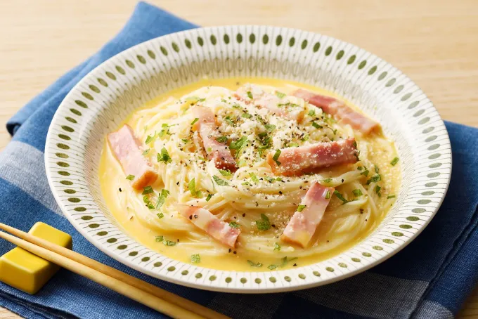 温玉カルボナーラ豆乳みそ素麺|マルコメ キッチンさん