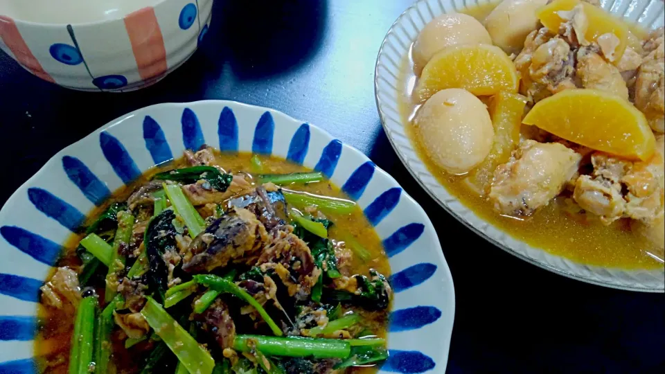 鶏手羽元と卵の煮物　鯖水煮缶と小松菜の味噌炒め|いとりんさん