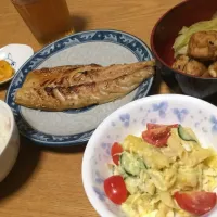 鯖のみりん干し、ポテロニサラダ、ガンモとキャベツの含め煮|ゆきちんさん